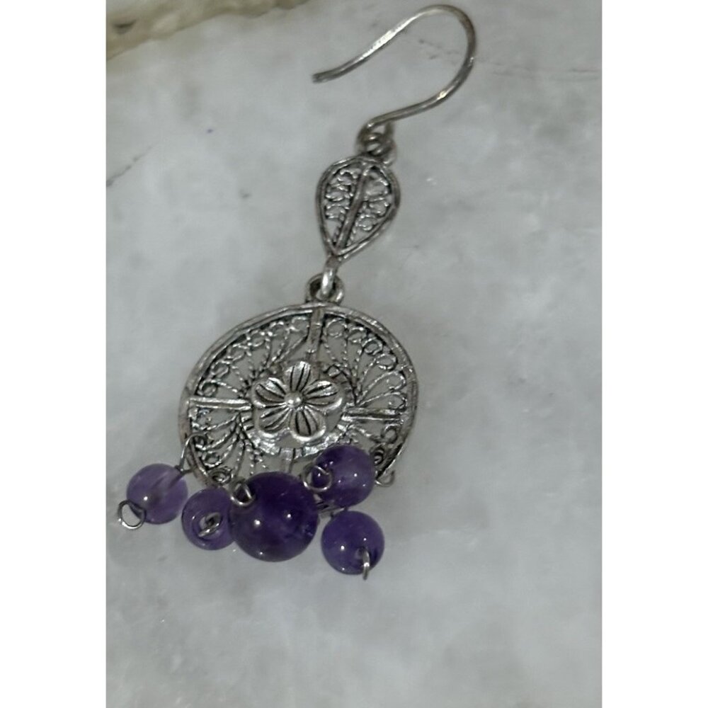 Silver Tone Filigree Dangle Earrings Purple Bead Boho Vintage Style - Picture 4 of 4